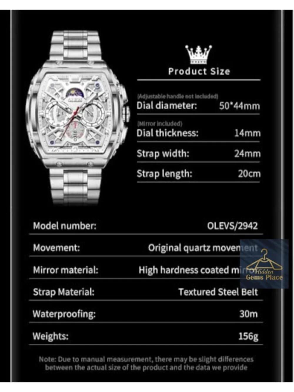 Men's Square Watch Chronograph Date Moon Phase Luminous Hands Stainless Steel